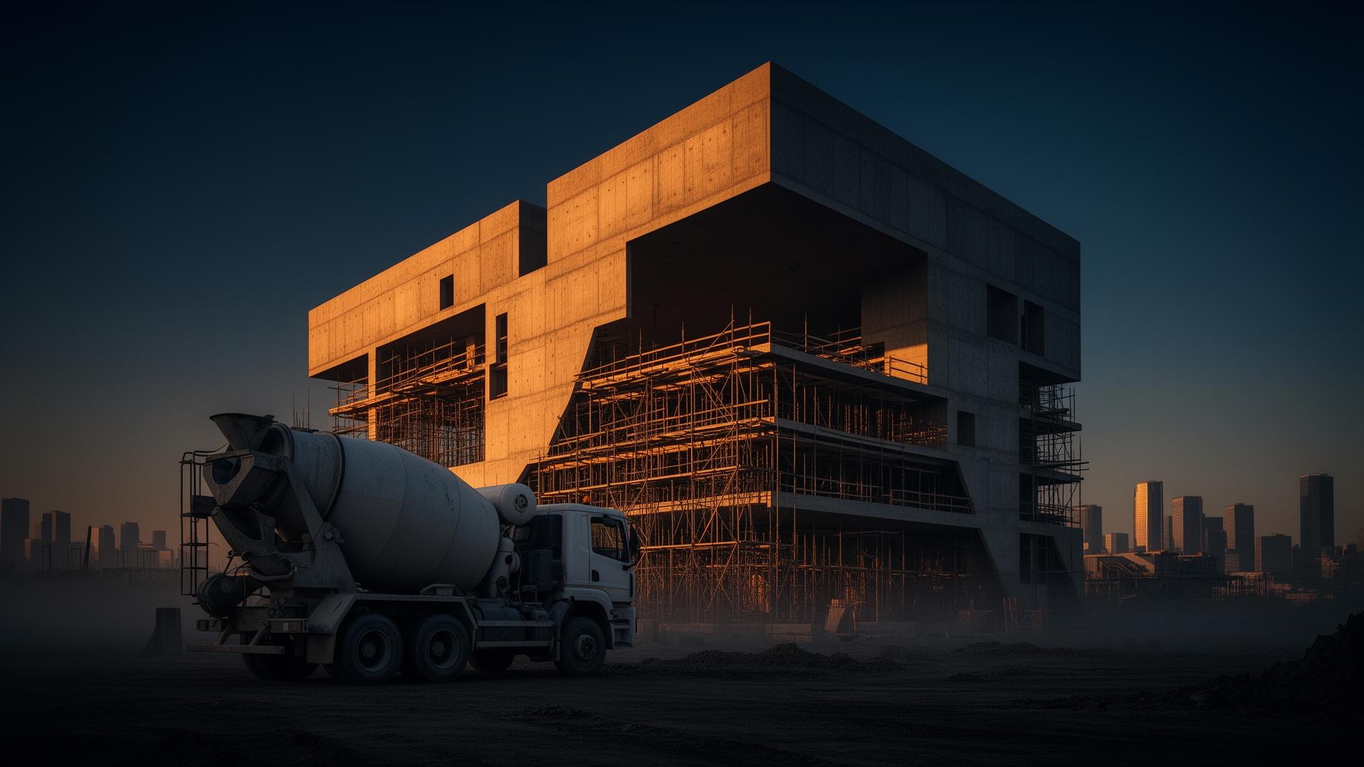Obra de arquitetura em concreto aparente ao entardecer com caminhão betoneira